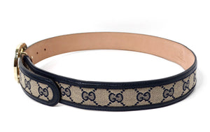 Gucci Navy & Beige Gold Tone- GG Supreme Monogram Canvas & Leather Belt