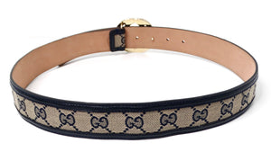 Gucci Navy & Beige Gold Tone- GG Supreme Monogram Canvas & Leather Belt