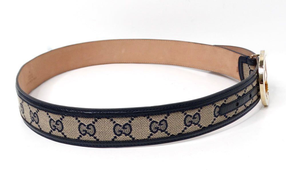 Gucci Navy & Beige Gold Tone- GG Supreme Monogram Canvas & Leather Belt