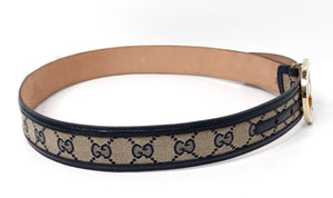 Gucci Navy & Beige Gold Tone- GG Supreme Monogram Canvas & Leather Belt