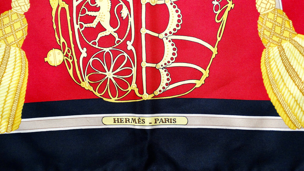 Hermes Vintage "Les Muserolles" 90 cm Red Knight Print Silk Scarf