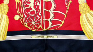 Hermes Vintage "Les Muserolles" 90 cm Red Knight Print Silk Scarf