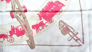 Hermes Vintage "Qui Roule" 90 cm White & Pink Carriages Print Scarf