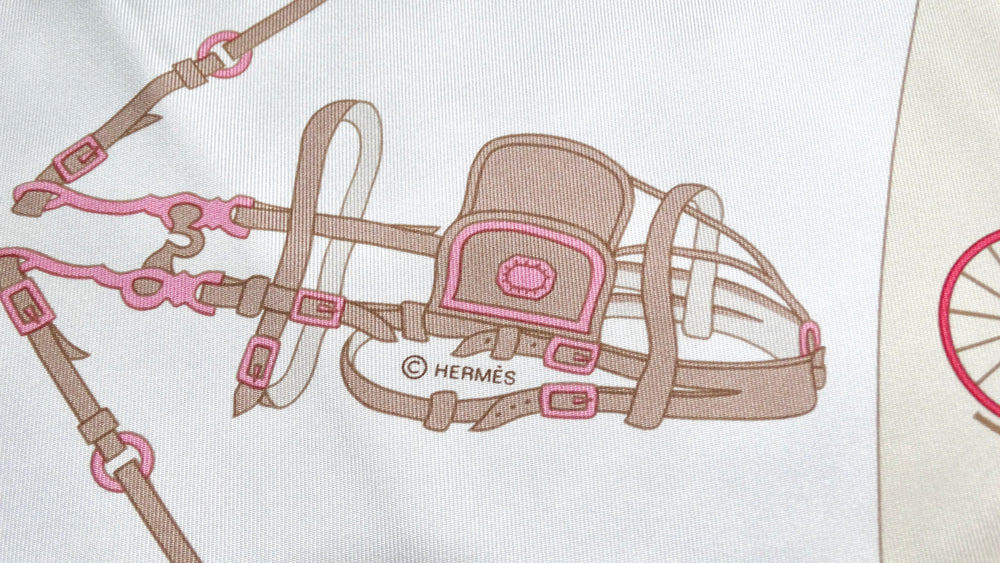 Hermes Vintage "Qui Roule" 90 cm White & Pink Carriages Print Scarf