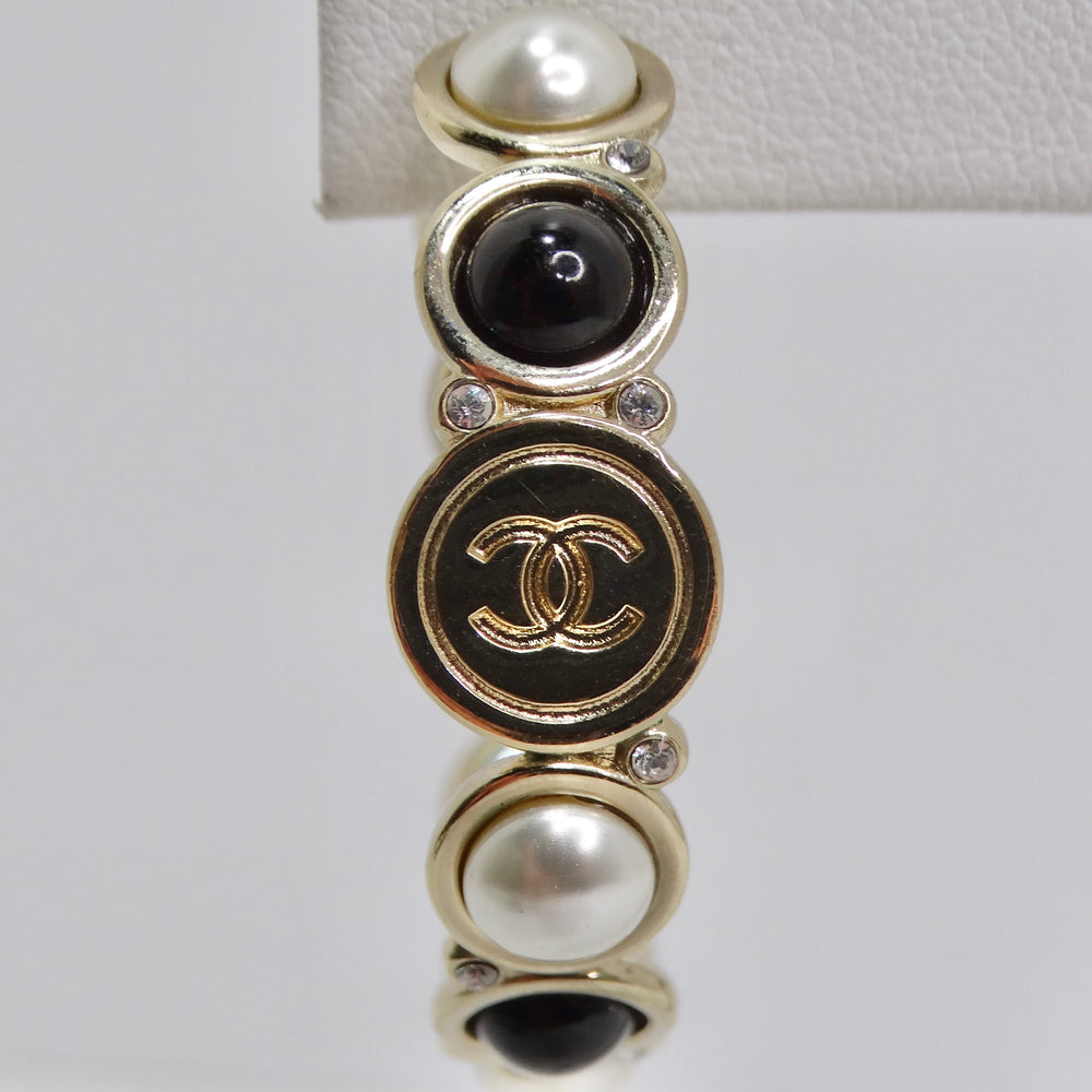 Chanel CC Faux Pearl Obsidian Crystal Hoop Earrings