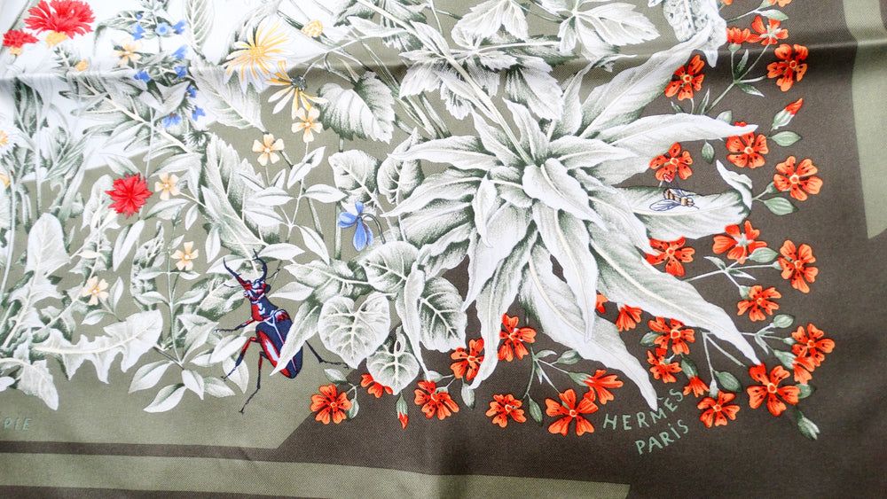 Hermes "La Prairie" 90 cm Green Flower Garden Print Silk Scarf