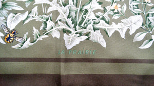 Hermes "La Prairie" 90 cm Green Flower Garden Print Silk Scarf