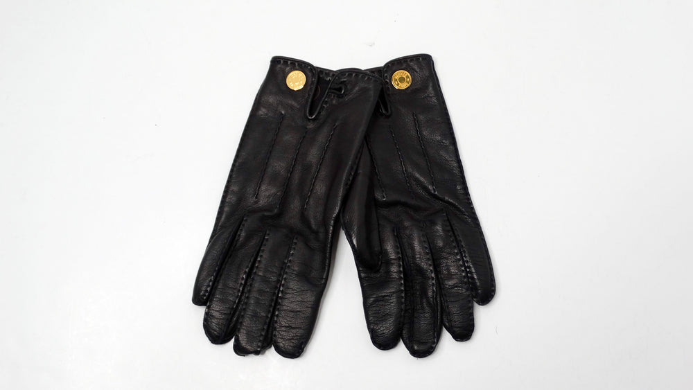 Hermes Sellier Black Lambskin Leather With Gold-Tone Button Gloves