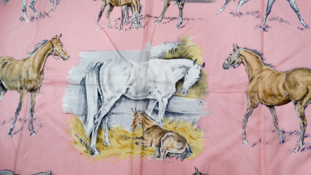 Hermes x Xavier De Poret 1960 "Les Poulains" 90 cm Horse Print Cashmere Scarf