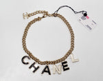 Chanel 2022 Gold-Tone Black & White Logo Charm Chain Link Necklace