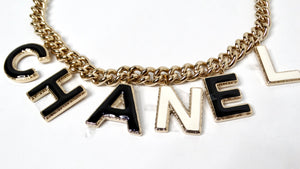 Chanel 2022 Gold-Tone Black & White Logo Charm Chain Link Necklace