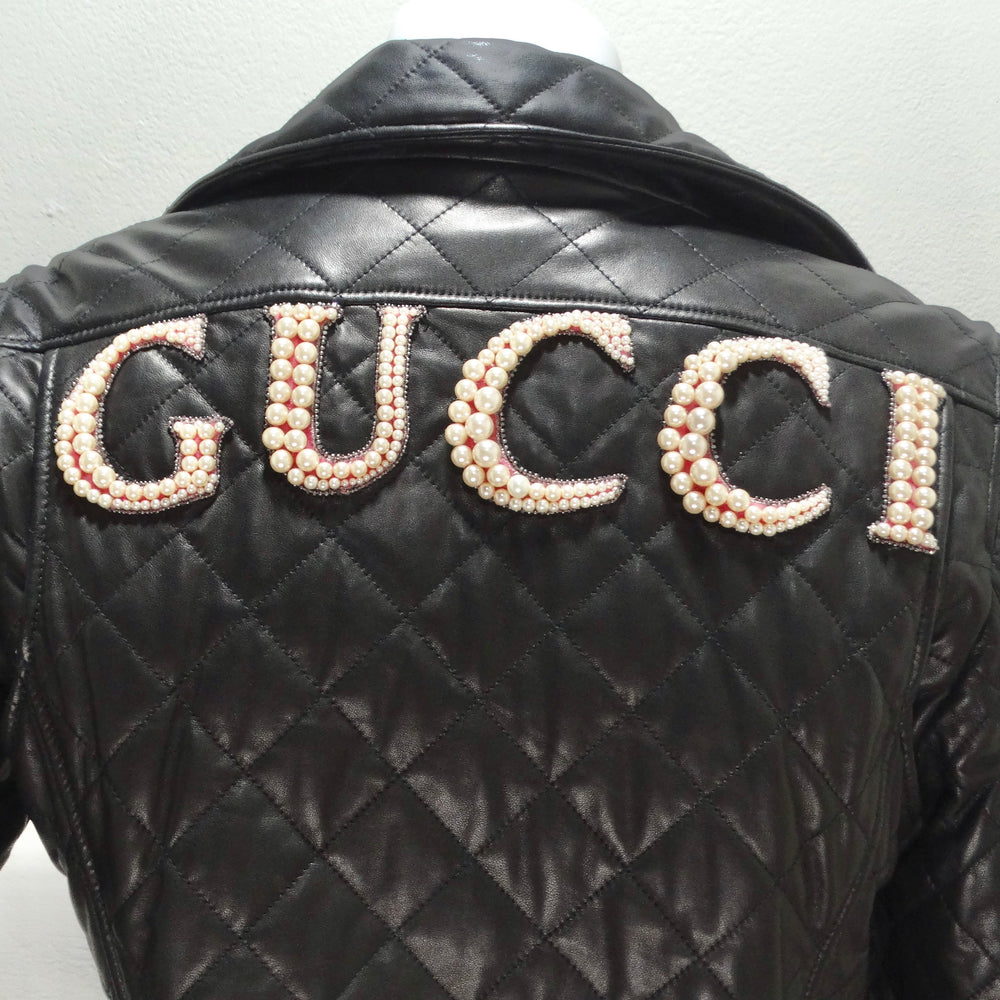 Gucci Black Leather Pearl Logo Moto Jacket
