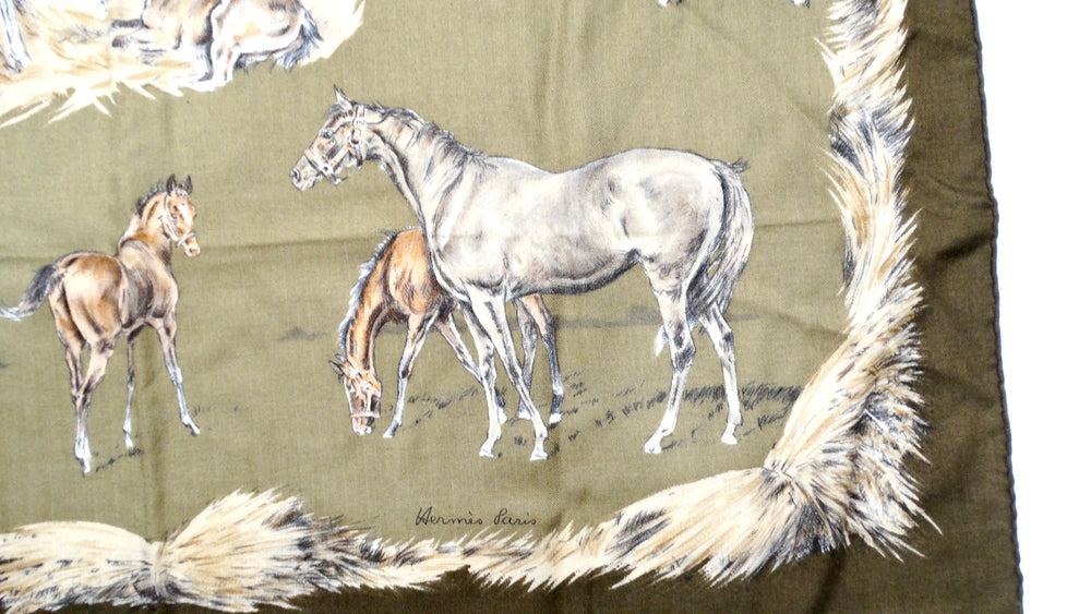 Hermes x Xavier De Poret 1960 "Les Poulains" 90 cm Horse Print Cashmere Scarf