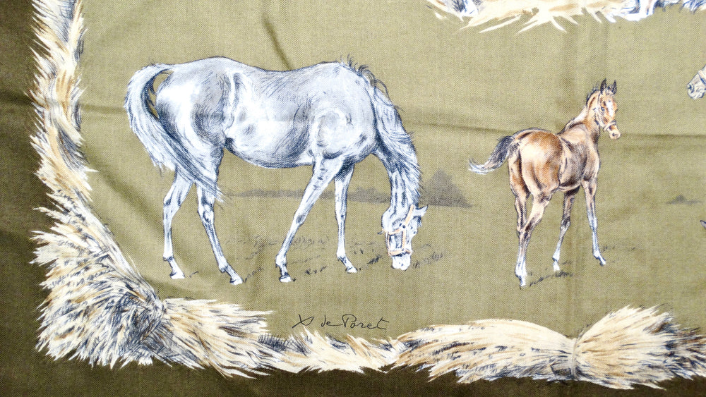 Hermes x Xavier De Poret 1960 "Les Poulains" 90 cm Horse Print Cashmere Scarf