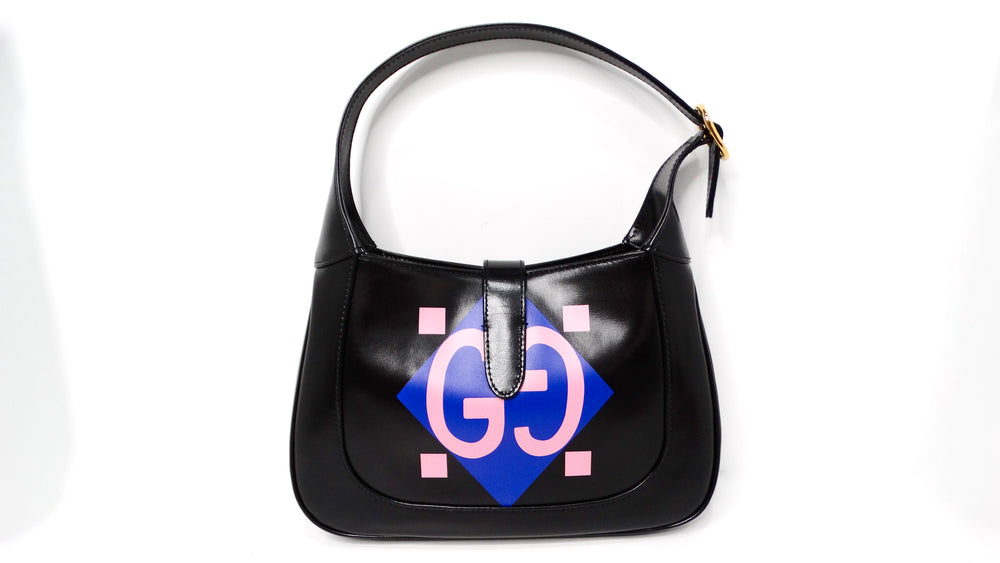 Gucci Small Jackie 1961 Black Calfskin Multicolor Geometric Logo Print Hobo Bag