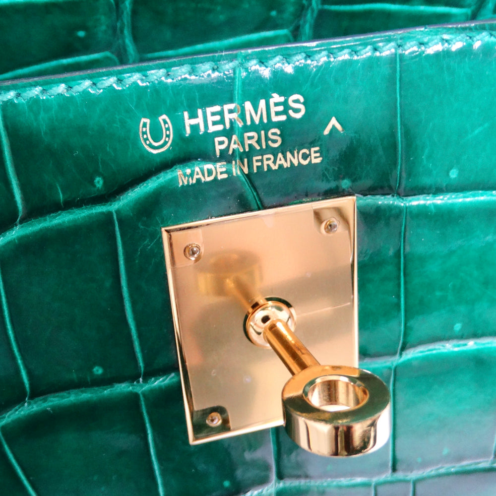 Hermes Kelly 34 cm Malachite Shiny Crocodile Porosus Gold Hardware