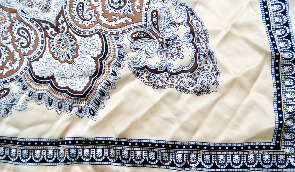 Tan Bohemian Paisley Bandana Print Silk Scarf