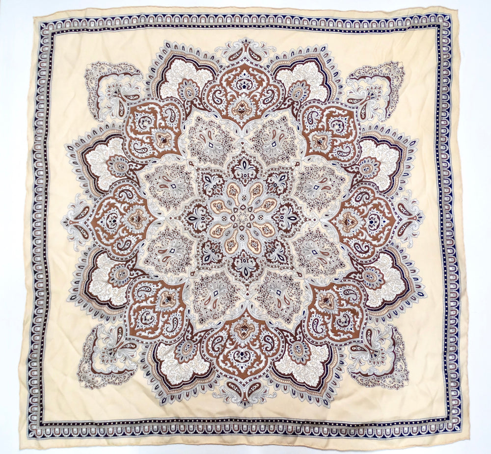Tan Bohemian Paisley Bandana Print Silk Scarf