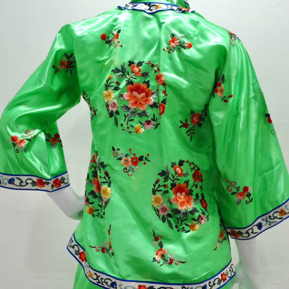VTG Chinese Green Silk satin heavily embroidered ornate pajamas lounge set  M