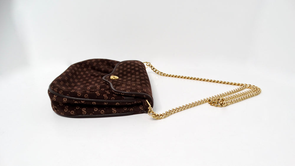 Gucci 1970s Brown Suede OG Monogram Blondie Gold-Tone Logo Mini Crossbody Bag