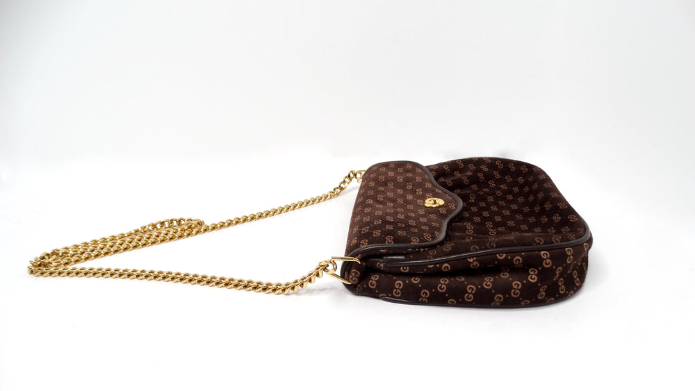 Gucci 1970s Brown Suede OG Monogram Blondie Gold-Tone Logo Mini Crossbody Bag