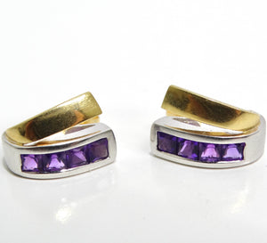 18K Two Tone Gold Amethyst Stud Earrings