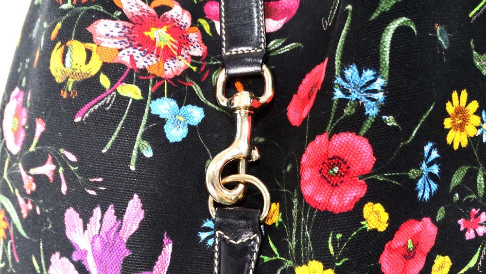 Gucci Large Flora Print Canvas & Black Leather Jackie Hobo Bag