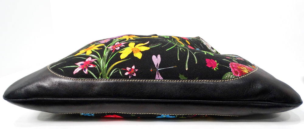 Gucci Large Flora Print Canvas & Black Leather Jackie Hobo Bag