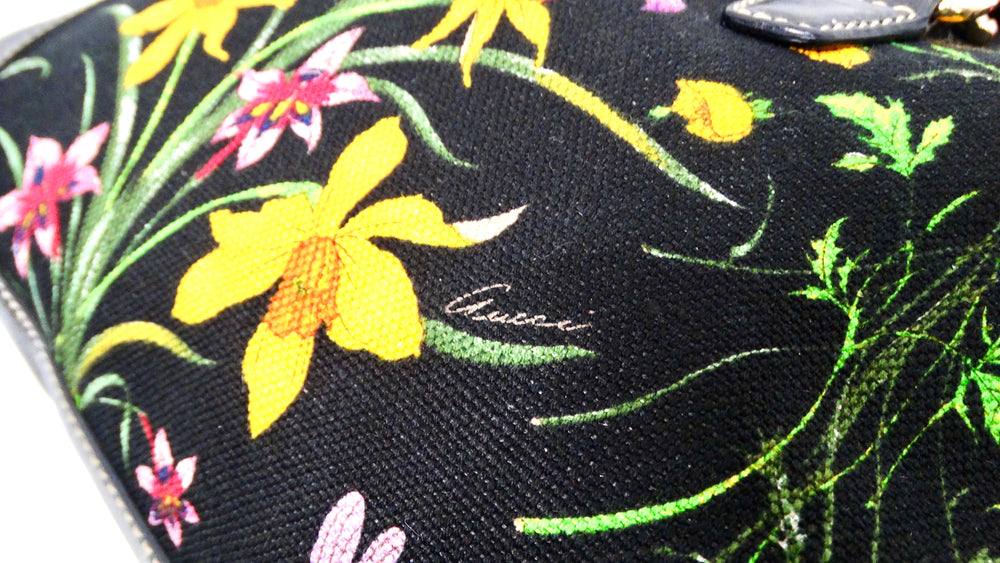Gucci Large Flora Print Canvas & Black Leather Jackie Hobo Bag