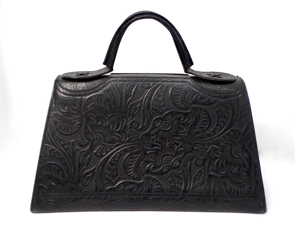 Fendi Floral Embossed Black Leather Top Handle Flapbag circa 1970s