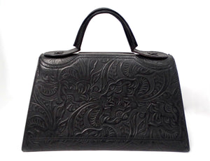 Fendi Floral Embossed Black Leather Top Handle Flapbag circa 1970s