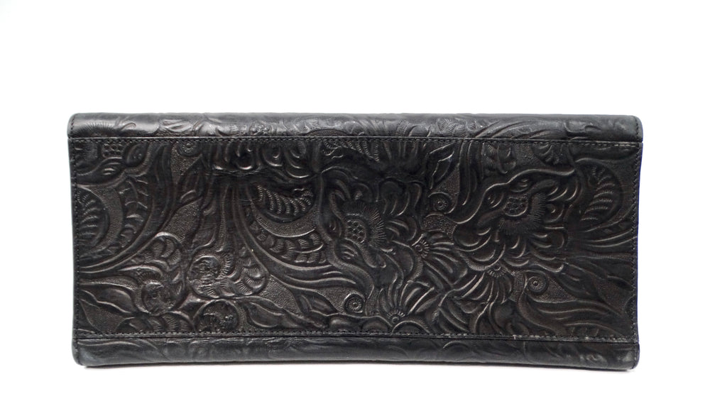 Fendi Floral Embossed Black Leather Top Handle Flapbag circa 1970s