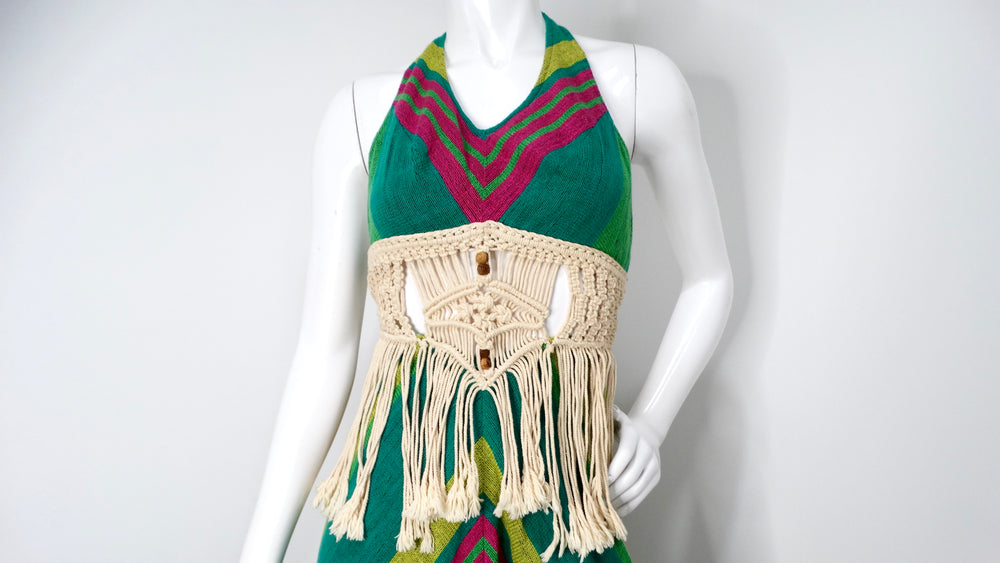 Rikma 1970s Green Multicolor Macrame Handmade Cotton Halter Maxi Dress