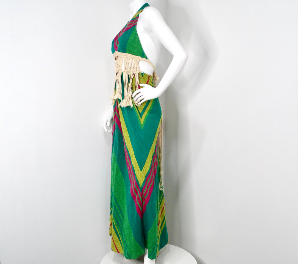 Rikma 1970s Green Multicolor Macrame Handmade Cotton Halter Maxi Dress