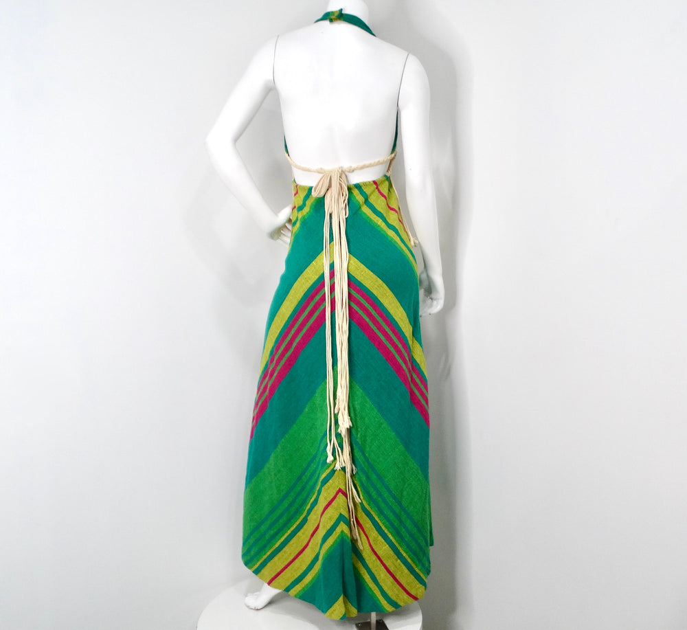 Rikma 1970s Green Multicolor Macrame Handmade Cotton Halter Maxi Dress