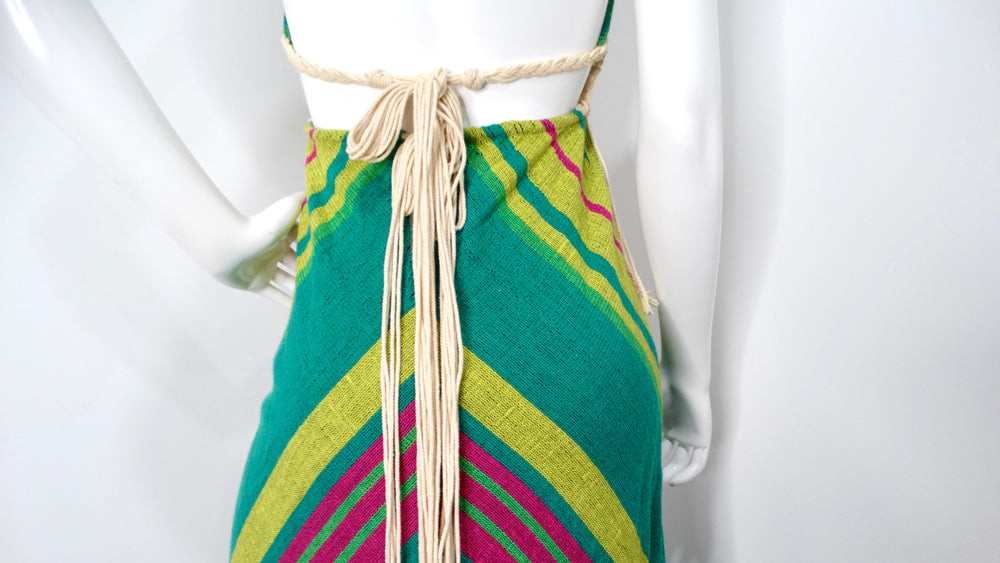 Rikma 1970s Green Multicolor Macrame Handmade Cotton Halter Maxi Dress