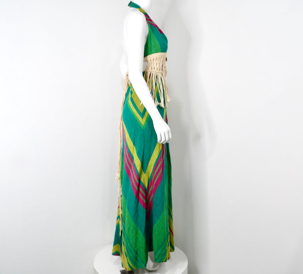 Rikma 1970s Green Multicolor Macrame Handmade Cotton Halter Maxi Dress