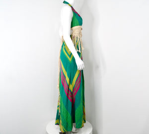 Rikma 1970s Green Multicolor Macrame Handmade Cotton Halter Maxi Dress