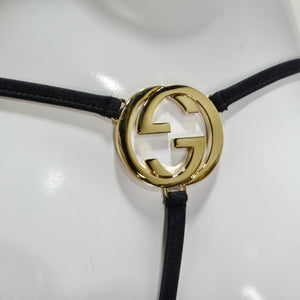Gucci Gold Tone GG Logo G String Black Bikini
