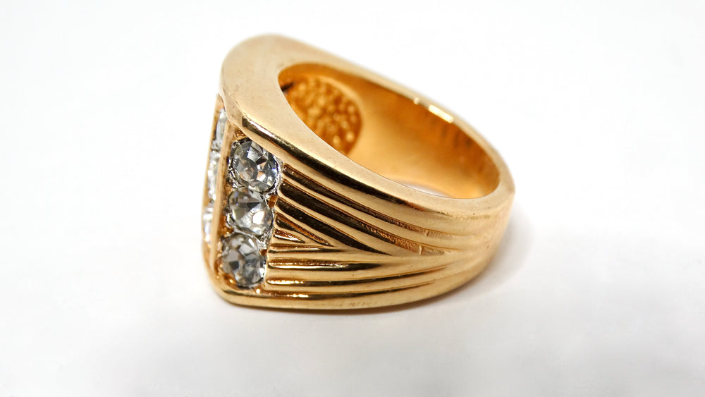 1990s Large 18k Gold Plated Linear Synthetic Crystal 5-Row Cocktail Ring