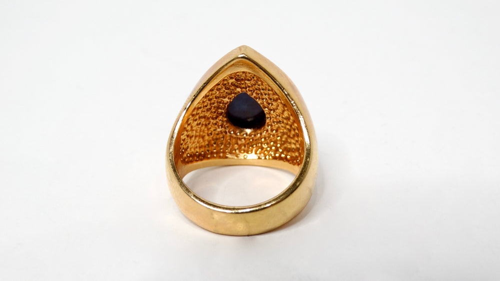 1990s 18k Gold Plated Synthetic Lapis & Crystal Teardrop Cocktail Ring