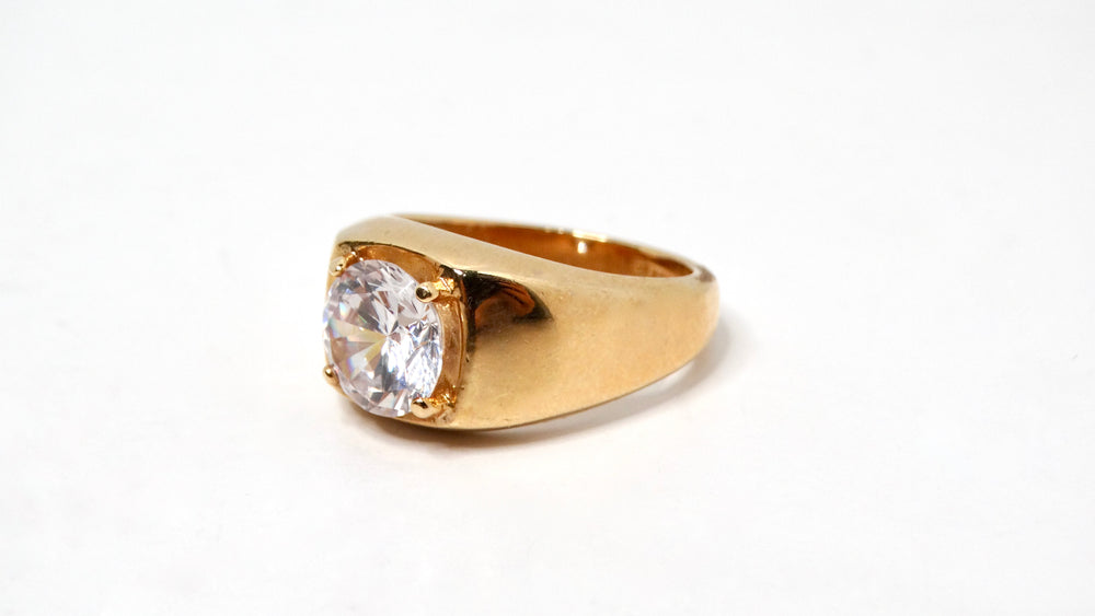 1990s Mens 18k Gold Plated Crystal Solitaire Ring