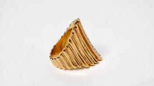 1990s 18k Gold Plated & Pave Crystal Ridged Statement Cocktail Ring