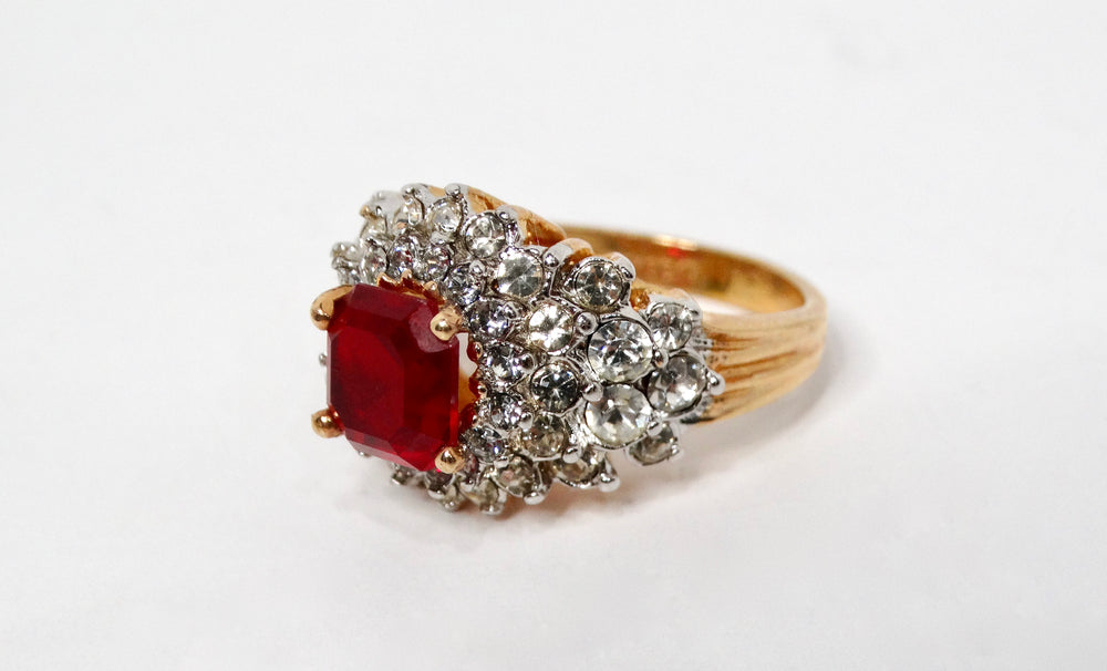 1990s 18k Gold Plated Crystal Cluster Synthetic Ruby Cocktail Ring