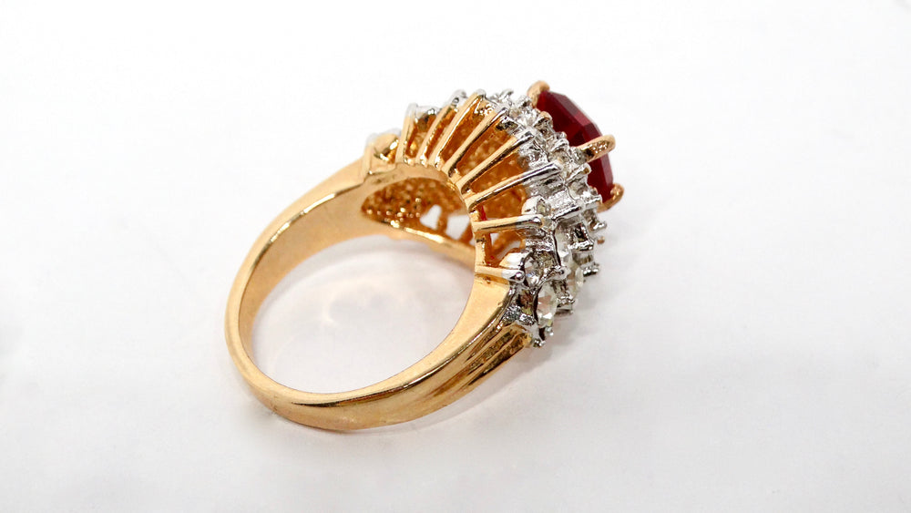 1990s 18k Gold Plated Crystal Cluster Synthetic Ruby Cocktail Ring