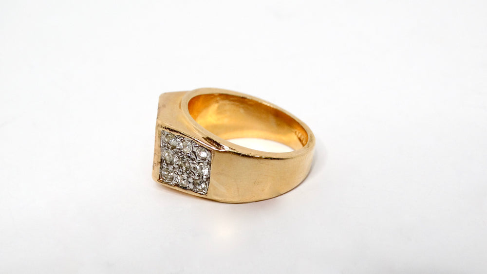 1990s Boxy 18k Gold Plated Crystal Encrusted Cocktail Ring