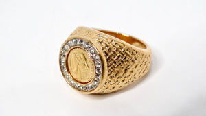 1990s "Maximillano Emperador" Coin 14k Gold Plated Crystal Etched Cocktail Ring