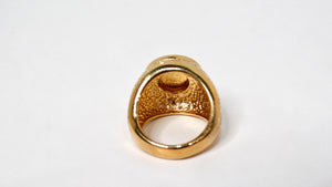 1990s "Maximillano Emperador" Coin 14k Gold Plated Crystal Etched Cocktail Ring