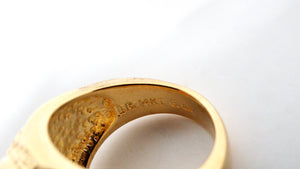 1990s "Maximillano Emperador" Coin 14k Gold Plated Crystal Etched Cocktail Ring