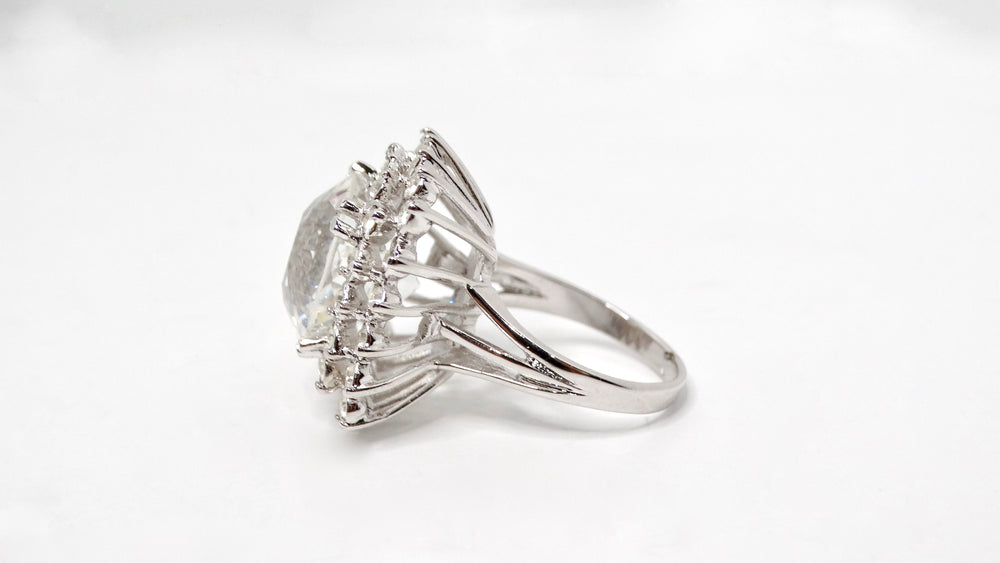 1990s Large Crystal 18k White Gold Plated Art Deco Style Princess Cocktail Ring